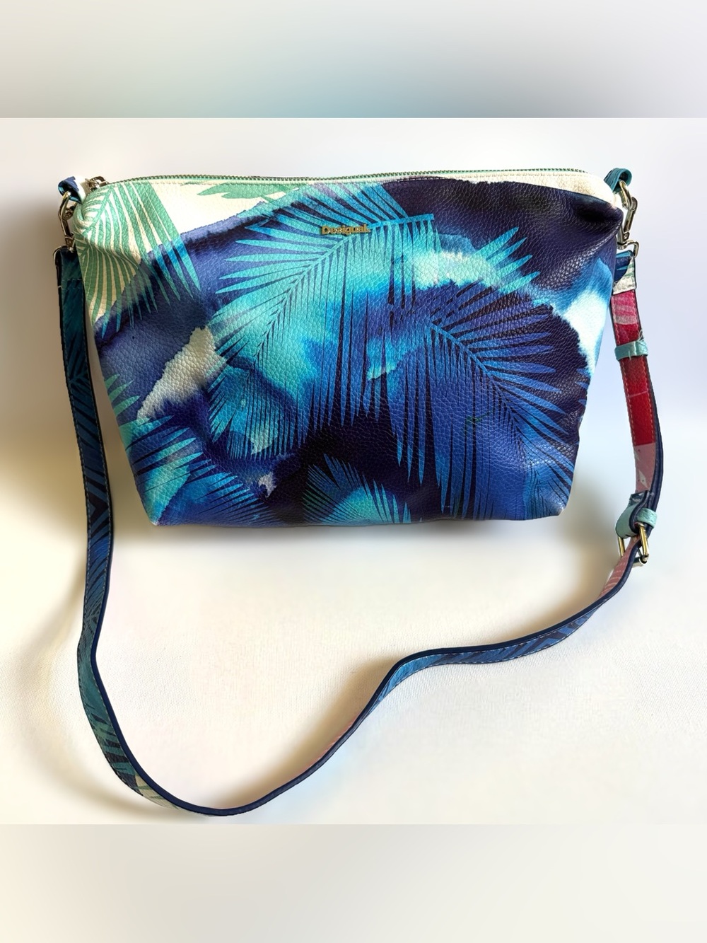 Desigual Blue Palm Leaf Leather Crossbody Shoulder Bag Purse Coastal Resort READ
